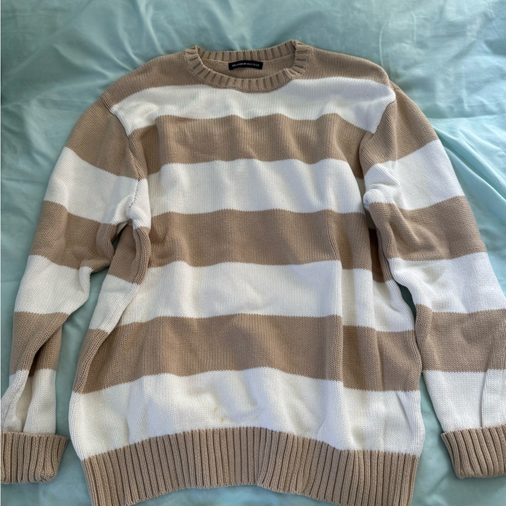 Brandy Melville Brown and White Striped Crewneck Sweater